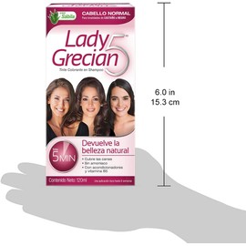 Grecian, Lady Grecian 5, Tinte Colorante en Shampoo, Cubre las Canas, Sin Amoniaco, Para Cabello Normal, Castaño a Negro, 120 ml