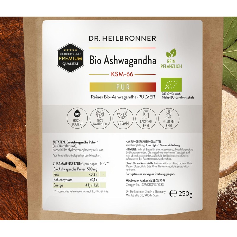 Dr. Heilbronner Organic Ashwagandha PUR Powder KSM-66 - 250g
