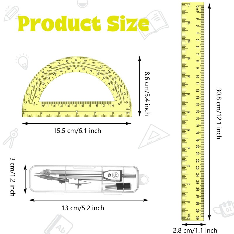 Zonon 3 Pcs Plastic Ruler 6 Inch Protractor Drawing Compass