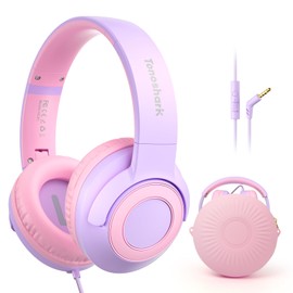 TONOSHARK Kids Wired Headphones with Microphone, Volume Limited to 85/94dB Earphone for Boys & Girls, Foldable 3.5mm Jack Headset for School & Travel, Includes Portable Case(Purple)