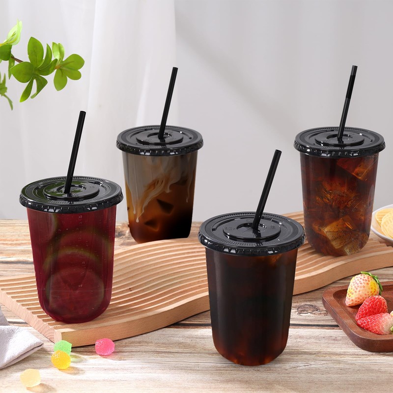 tchrules 100 Set 16oz Plastic Cups with Lids and Straws,