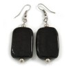 Black Glass Square Drop Earrings In Silver Tone - 60mm