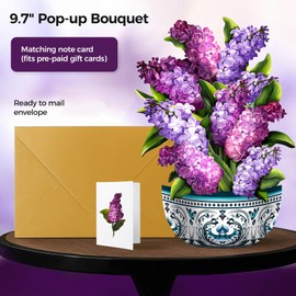 3D Paper Pop Up Cards, 11.4 Inch Life Sized Forever Flower Bouquet with Envelope & Note Card, Paper Greeting, Gifts for Women Best Friends Mother Parents Birthday Anniversary (Purple Lilacs)