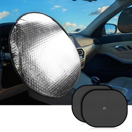 Steering Wheel Sun Shade Cover and Side Window Sunshade, Heat Reflector for Jumbo Standard Cars, UV Protection, Fits Steering Wheels up to 20.1" x 17.3"