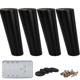 LA VANE 10 cm Wooden Table Legs, Pack of 4 Solid Wood Slanted Tapered Black Replacement Furniture Feet Furniture Legs with Mounting Plates & Screws for Sofa Bed Cabinet Couch Ottoman