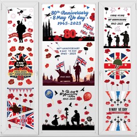 AhfuLife 104Pcs VE Day Window Stickers for 80th Anniversary 2025 Decorations, 9 Sheets 80 Years VE Day Stickers Party Decorations for 80 Years Victory in Europe WW2 1945-2025 Decor