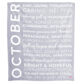 Pavilion Gift Company - October - Birth Month Royal Plush Blanket, Birthday Throw, Birthday Blanket, Pink Embroidered Heart, 1 Count, 50 x 60-inch, Gray