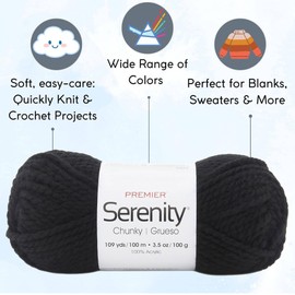 Premier Yarns Serenity Chunky Solid Raven DN700-37 (3-Skeins - Same Dye Lot) Chunky Bulky #5 Acrylic Yarn for Crocheting and Knitting - Bundle with 1 Artsiga Crafts Project Bag