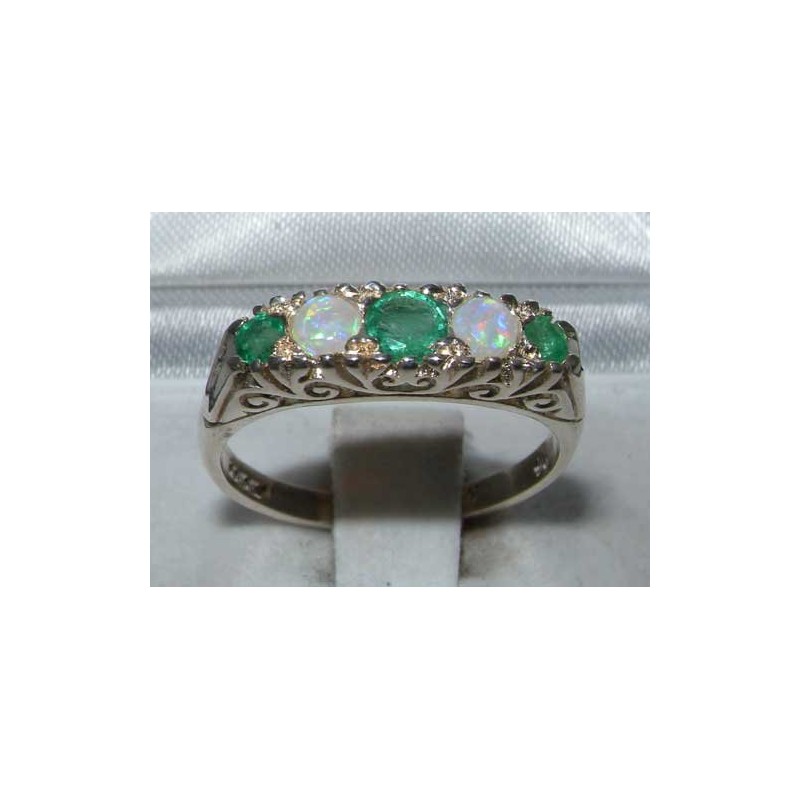 Luxury Solid Sterling Silver Natural Emerald & Opal Victorian Style