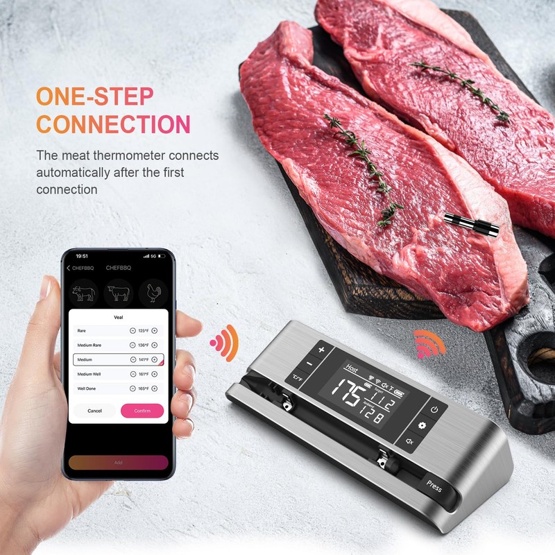 Wireless Smart Meat Thermometer with Dual-Sensor Probe, 500FT Remote Monitoring,