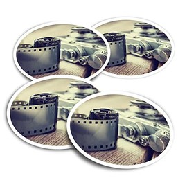 Vinyl Round Stickers (Set of 4) 10cm - Retro Camera and Photo Film Roll for Laptops, Tablets, Luggage, Scrap Booking, Fridges #51898