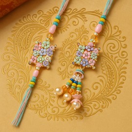Elegant Bhaiya Bhabhi Rakhi Set with Pastel Floral Design | Beaded Rakhi & Lumba with Tassels | Raksha Bandhan Gift for Couple