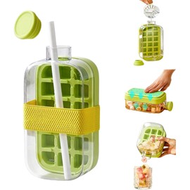 Ice Cube Bottle, 2 in 1 Ice Maker Cup, Touch-Free Ice Cube Water Bottle with Straw, Easy Press to Release Ice Cube Tray, Cool Summer Ice Bottle Cup for Freezer,Coffee,Juice,Beverages (Green, 800 ML)