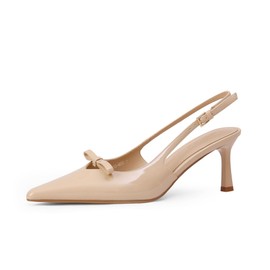 Adolilove Women's Bow Pumps 2.8 in Kitten Heels Closed Pointed Toe V-Cut Slingback Faux Patent Leather, Nude Pumps, Size 6.5