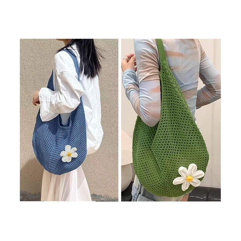 [miniministore] トートバッグ花モチーフ付き編みバッグ軽量（ブルー，ワンサイズ）