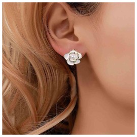 Aneneiceera Vintage Acrylic Flower Stud Earrings White Camellia Earrings Resin Flower Petal Earrings Crystal Enamel Flower Earrings Jewellery for Women and Girls (with Crystal), Metal