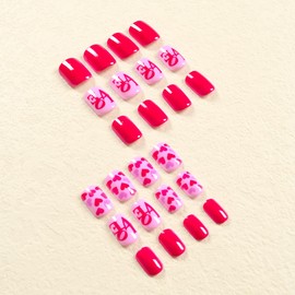 CEWEWP Red Short Press on Nails Valentine's Fake Nails Square Acrylic Nails Full Cover Glue on Nails Press ons Red Heart Designs False Nails LOVE Heart Nails Glossy Stick on Nails for Women 24 Pcs