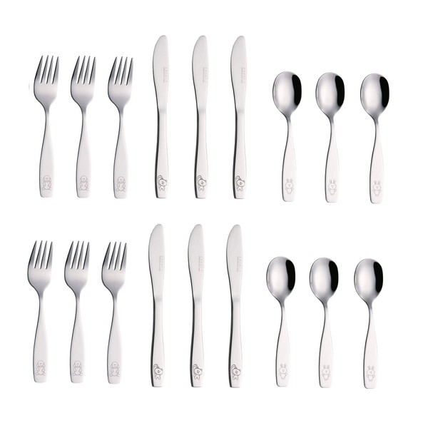 Exzact Childrens Cutlery Set 18pcs Stainless Steel Kids Cutlery/Toddler Utensils/Flatware - 6 x Forks, 6 x Safe Dinner Knives, 6 x Dinner Spoons - Engraved Dog Cat Bunny