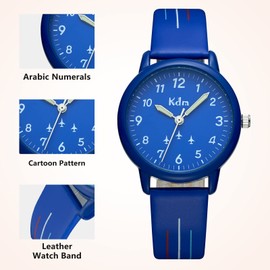 KDM Kids Watch Analog Quartz 30mm, Children's Time Teacher Watch for Boys Girls, Waterproof Wrist Watches Leather Strap, Kids Gifts Age 3-12, Blue