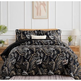WONGS BEDDING Boho Quilt Set King,Black Paisley Floral Pattern Bedspread Coverlet Set with 2 Pillowcases,3 Piece Lightweight Microfiber Bohemian Quilt Bedding Set 104"×90"
