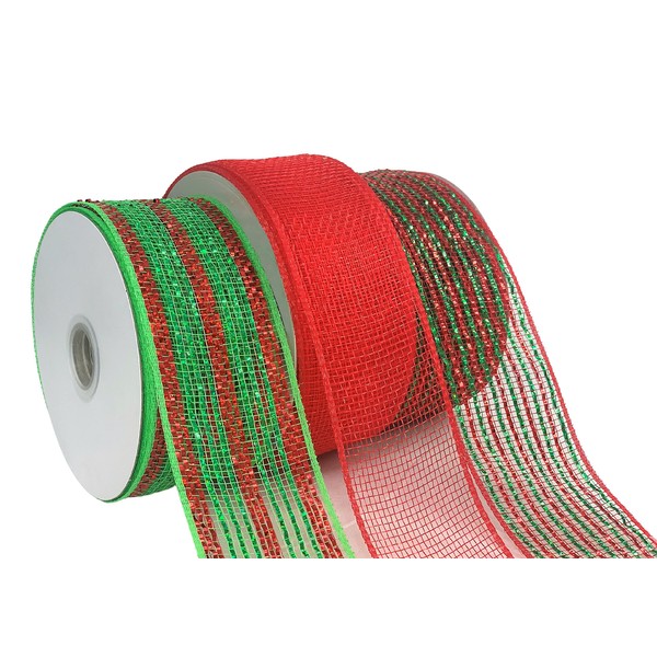 Metallic Stripe Christmas Deco Mesh- 2 1/2" x 20 Yards, Set of 3, Red and Emerald Green Variety Pack, Holiday, Gifts, Wreath, Swag, Garland, Presents, Christmas Tree Topper, Bows