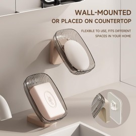 Topavatop Self Draining Soap Dish, Wall Mounted Soap Tray for Bathroom Tile, Tilting Open-Type Bar Soap Holder, Self-Adhesive Soap Saver for Shower, Bathroom, Beige&Transparent