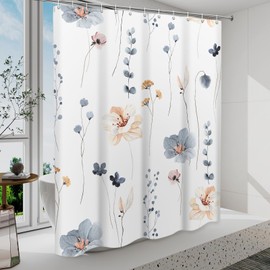 WITHLOC Shower Curtain Watercolor Flower Shower Curtain Sets - Spring Blue Beige Floral Plant Shower Curtains for Bathroom Washable，Fabric Modern Polyester with 12 Hooks，72 x 84
