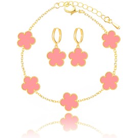 Qinpan Gold Plated Five Leaf Clover Dot Bracelet and Dangle Earrings Set for Women Lucky Flower Jewelry, 13*13mm, Stainless Steel, No Gemstone