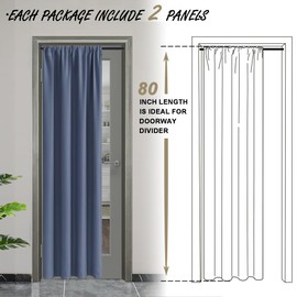 JIUZHEN Blackout Doorway Curtains 80 inch Length - 2 Panels Thermal Insulated Privacy Soundproof Rod Pocket Closet Door Curtains Room Divider for Bedroom, Office, 42 x 80 inches, Dusty Blue