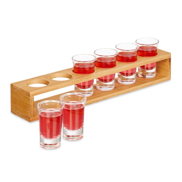 Relaxdays 6 Bicchieri da Shot con Supporto, Bicchierini in Vetro 4 cl, Vassoio in bambù, Idea Regalo, Marrone Chiaro, 60% 40%, 8 x 33 x 6 cm