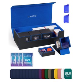 UAONO Card Storage Box for Trading Cards, 5 in 1 Card Deck Case with 4 Pcs Small Commander Deck Box, Large Card Box for MTG/TCG/PTCG Magic Sports Cards Game Playmat (Black, Blue)