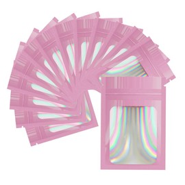 4CP 100 Pcs Holographic Mylar Bags with Clear Window, 3''x4'' Zipper Packaging Bags for Food Storage, Odor Foil Pouch for Lipgloss & Jewelry Eyelash Packaging for Small Business Pink