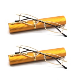 EYE ZOOM 2 Pack Ultra Slim Compact Lightweight Tube Reading Glasses with Portable Clip Aluminum Case, Gold Strength +3.00