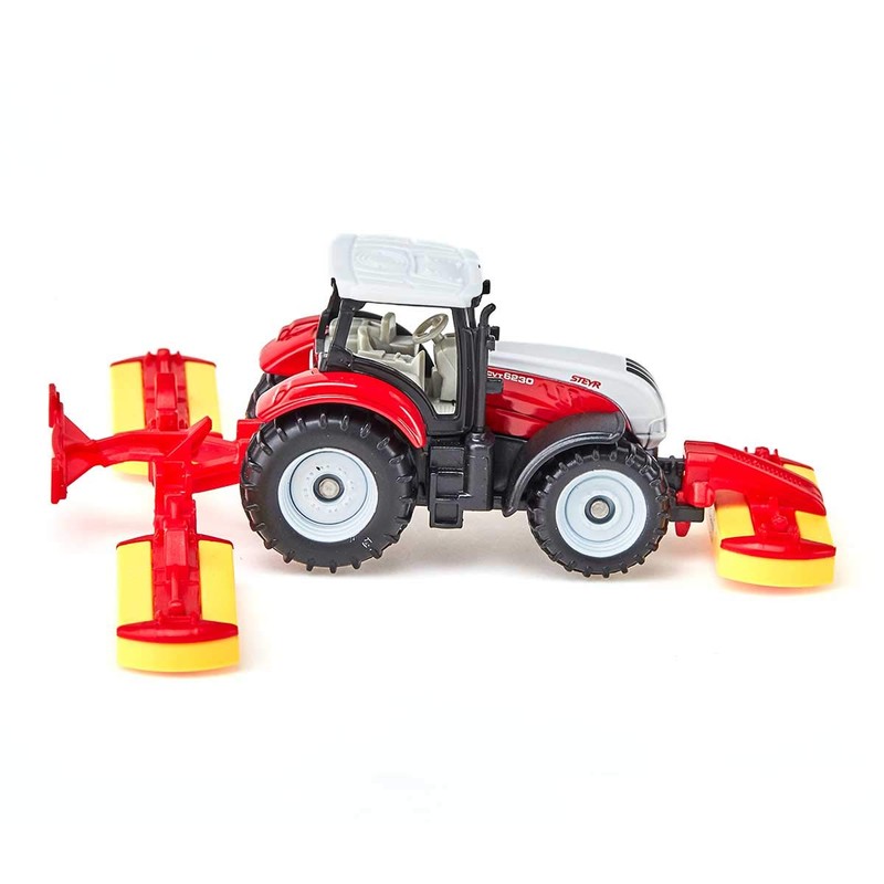 siku 1672, Steyr Tractor with Pöttinger Combination Mower, Metal/Plastic, Red,