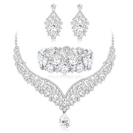 Kakonia Silver Crystal Wedding Bridal Jewelry Set for Women Prom Sliver Rhinestone Teardrop Necklace Earrings Bracelet Fit with Wedding Bridesmaid Dress