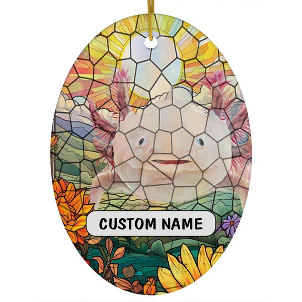 Personalized Pink Axolotl Christmas Ornament White Oval Ceramic - Stained