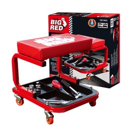 Big RED 250lb Red Rolling Automotive Creeper Garage/Shop Seat: Padded Mechanic Stool with Tool Large Tray Suitable for garages, Repair Shops