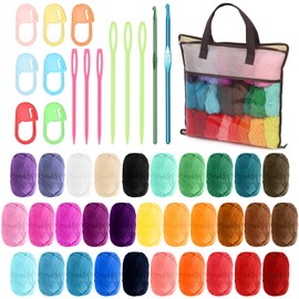 Keadic 51Pcs Assorted Crochet Yarn Starter Kit Contains 32 Colors 25g Acrylic Soft Yarn Mini Skeins, Crochet Hooks and Weaving Needles for Crocheting and Knitting Craft Project