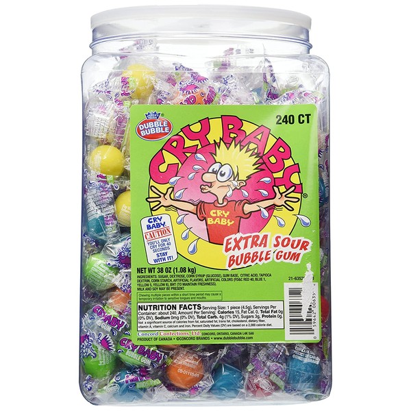 Cry Baby Extra Sour Bubble Gum 240ct. Tub, 38oz