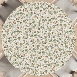 KSLIDS Round Fitted Tablecloth with Elastic Edge Sage Green Brown Beige Vintage Flowers Picnic Table Cover Spring Summer Daisy Floral Block Print Table Cloth Fit 45"-50" Tables for Outdoor,Dinner