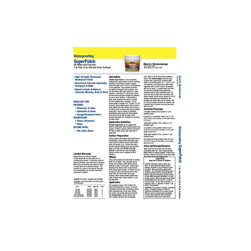 Damtite 04152 Concrete Super Patch Repair, 15 lb. Pail