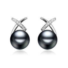 Salanda Pearl Earrings for Women,CZ Pearl Dangle Earrings 18K White Gold Plated Hypoallergenic Earrings Pearl Drop Earrings Dark Grey 10mm