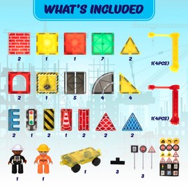 Playmags City Construction Magnetic Tiles Set, Building Blocks with Crane & Road Pieces, Educational STEM Toys for Boys & Girls Ages 3+ 52-Piece