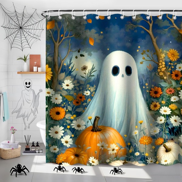 LSYDCARM Halloween Shower Curtain，Pumpkin Shower Curtain Ghost with 12 Hooks,