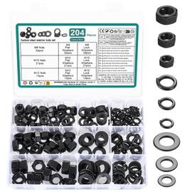 Hex Nuts Assortment Set, Self-Locking Nuts Set, Lock nuts, Carbon Steel Locknuts for Screws, Thread Hexagon nut for Bolts, Anti-Loose Insert nut, M2 M2.5 M3 M4 M5 M6 M8 M10 M12 Nut (Black-204)