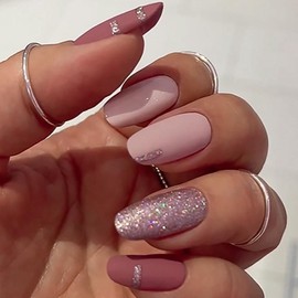 Press on Nails Short Medium Oval BAOYAALIN, Fake Nails with Glitter Design Gel Glue on Nails for Women Girls Full Cover Acrylic Artificial False Stick on Nail for Wedding 24Pcs in 12 Sizes