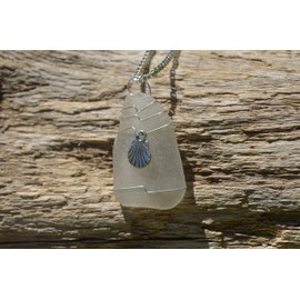 DejaVu Designs Genuine Frosted Sea Glass Necklace with a Silver Clam Shell Charm on a Sterling Silver Box Chain