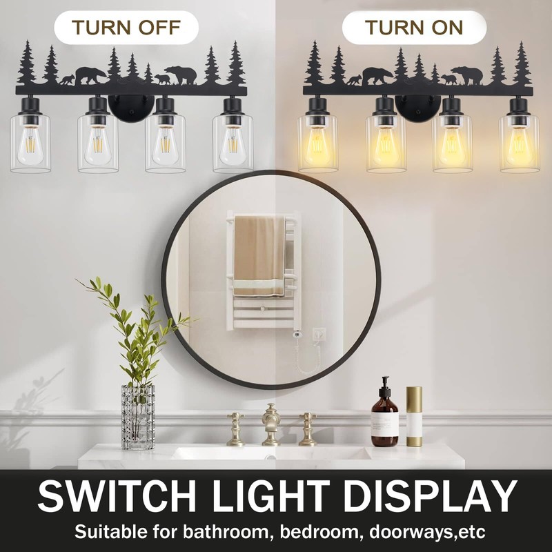 Monyohame Farmhouse Rustic Bear Bathroom Light Fixtures, 4-Light Black Vanity