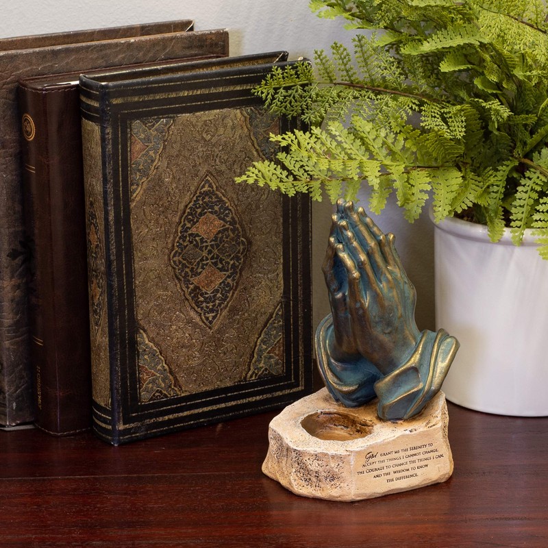 Bronzetone Praying Hands 6.25 inch Resin Decorative Tabletop Rosary Holder
