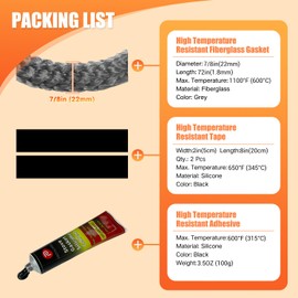 Protalwell Wood Stove Gasket, 7/8" Grey Color Fiberglass Gasket, 72" Length